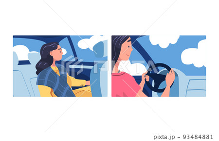 People in car. Woman auto drivers driving automobile, girl passenger sitting in back seat of car cartoon vector illustration 93484881