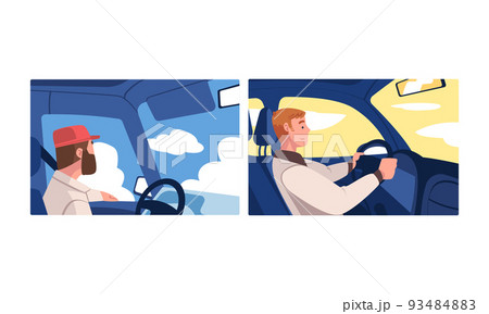 Man driving car set. Auto drivers sitting inside car holding steering wheel cartoon vector illustration 93484883