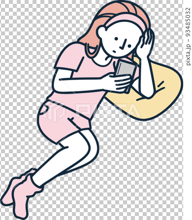 くつろぎながらスマホ祖操作する女性　シンプルイラスト 93485032