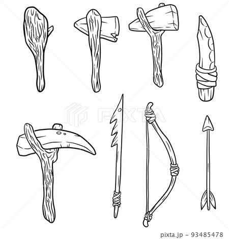 Set of items of primitive man and hunter. Weapons of caveman. Stone age hammer, axe and club. Lifestyle and tool. Cartoon illustration 93485478