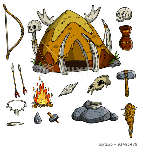 Set of caveman items. Hut of skins and bones, wooden club, skull of animal. Lifestyle of primitive man. Cartoon illustration 93485479