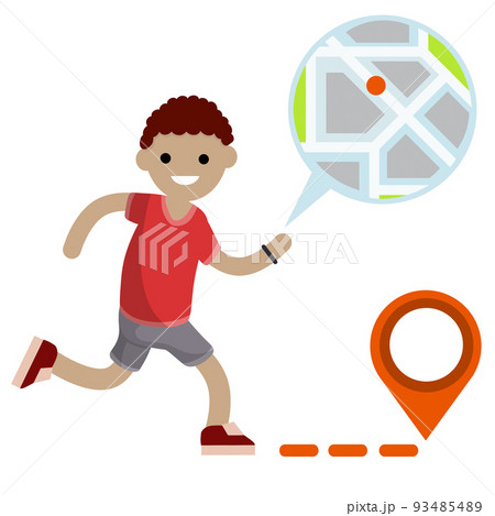 Man run with smart watch. Navigation and route search. Modern technology. Sports and Hobbies. Healthy lifestyle. Cartoon flat illustration. Young boy in shorts. Tracking and city map Man run with smart watch. Navigation and route search. Modern technology. Sports and Hobbies. Healthy lifestyle. Cartoon flat illustration. Young boy in shorts. Tracking and city map 93485489