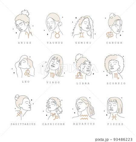 Zodiac signs collection. One line drawing. Astrological icons with abstract women faces. Mystery and esoteric outline logos. Horoscope symbols. Linear vector illustration in minimalist style Zodiac signs collection. One line drawing. Astrological icons with abstract women faces. Mystery and esoteric outline logos. Horoscope symbols. Linear vector illustration in minimalist style 93486223