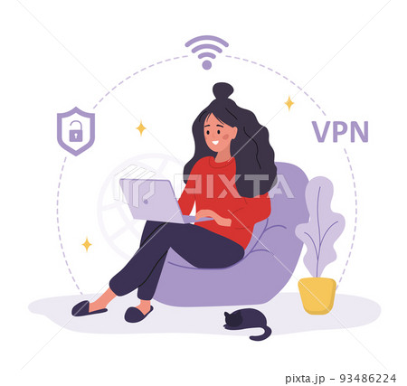 VPN service. Woman using private network for protect personal data. Protection of DNS and IP addresses. Database security software. Vector illustration in flat cartoon style VPN service. Woman using private network for protect personal data. Protection of DNS and IP addresses. Database security software. Vector illustration in flat cartoon style 93486224