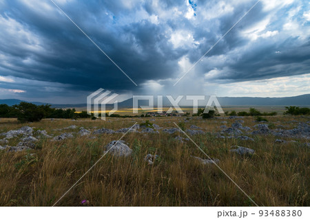Panoramic view of idyllic mountain scenery with fresh green meadows in bloom on a beautiful sunny day in springtime,Rainfall in the distance, 93488380
