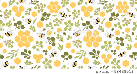 Floral honeycomb pattern. Green natural bee honey pattern Bee seamless pattern. Cute green leaves branches bee honeycomb background. Organic honey template. Vector illustration. Floral bee print. 93488913