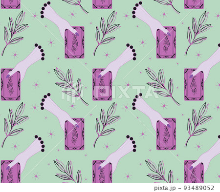 Pattern Tarot card hand of female fortune teller, potion crystals magic bottle witchcraft. 93489052