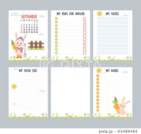 September 2023. Monthly calendar planner with cute rabbit farmer with shovel and carrots, harvesting. Vector set vertical page templates to-do list, my plan and notes. English. Week from Sunday. 93489484
