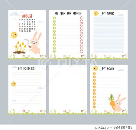 August 2023. Farm calendar planner with cute rabbit with sickle and spikelets, harvesting. Vector set of vertical page templates to-do list, my plan and notes. Week from Sunday in English. 93489485