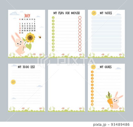 July 2023. Farm calendar planner for summer month with cute rabbit with sunflower and bee. Vector set of vertical page a4 templates to-do list, my plan and notes. Week from Sunday in English. 93489486
