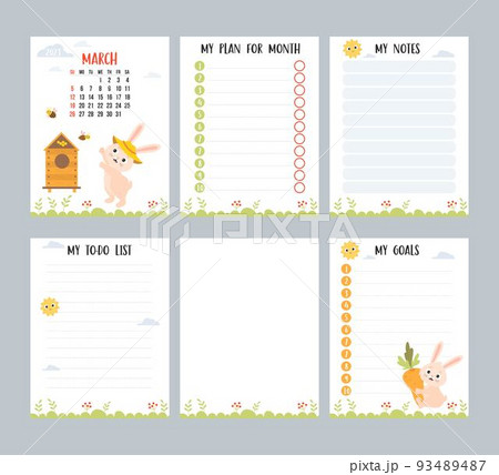 March 2023. Calendar with cute bunny beekeeper in apiary with bees. Vector set vertical page templates planner, to-do list, my plan and notes. Week from Sunday in English. Chinese year rabbit. March 2023. Calendar with cute bunny beekeeper in apiary with bees. Vector set vertical page templates planner, to-do list, my plan and notes. Week from Sunday in English. Chinese year rabbit. 93489487