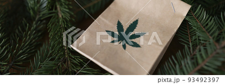 Paper bag with marijuana lying among green christmas tree branches closeup 93492397