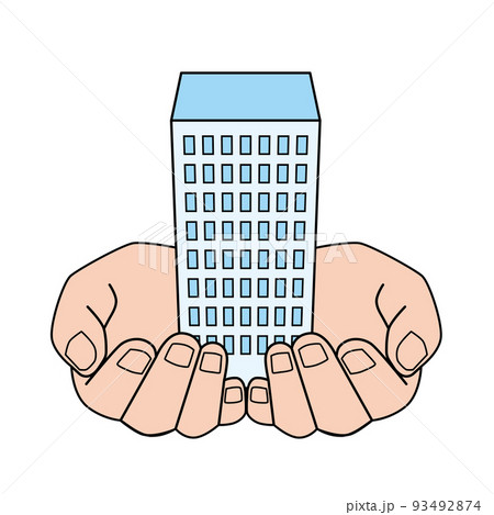 会社ビルを包み込むように持つ手 93492874