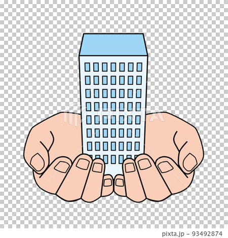 会社ビルを包み込むように持つ手 93492874
