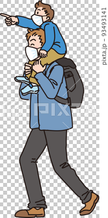 Walking with a mask _ parent and child in winter clothes _ dad who shoulders a boy 93493141