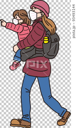 Walking with a mask _ Parent and child in winter clothes _ Mom walking with a girl pointing in front 93493144