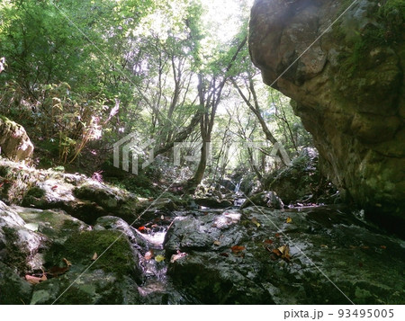 山の中の大きな岩と小川 93495005