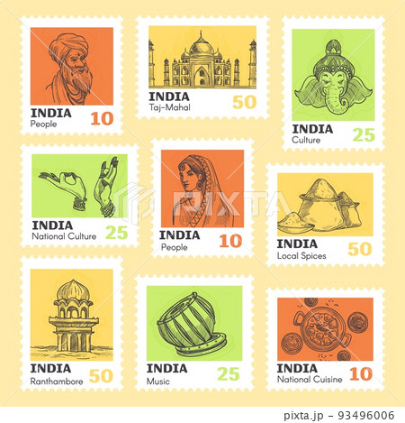 Colorful postage stamp set with indian element Colorful postage stamp set with indian element 93496006