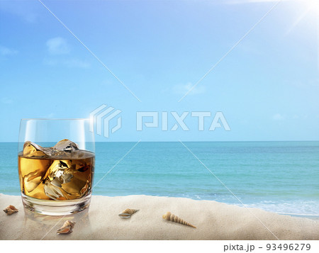 Whiskey and ice on the beside beach. 3d render Whiskey and ice on the beside beach. 3d render 93496279