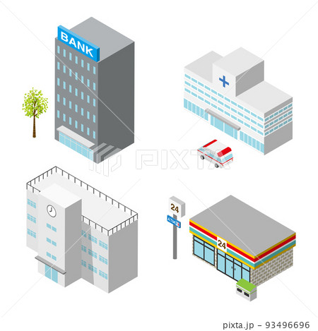 建物セット　アイソメトリック図 - コンビニ　学校　銀行　病院 93496696