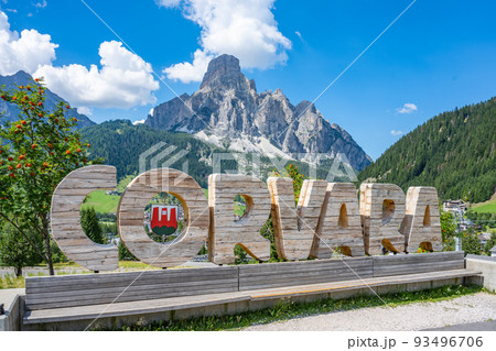 Wooden sign of Corvara and Sassongher mountain Wooden sign of Corvara and Sassongher mountain 93496706