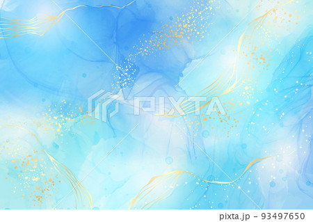 Cyan navy liquid marble watercolor background with gold lines and brush stains. Teal turquoise marbled alcohol ink drawing effect. Vector illustration backdrop, watercolour wedding invitation 93497650