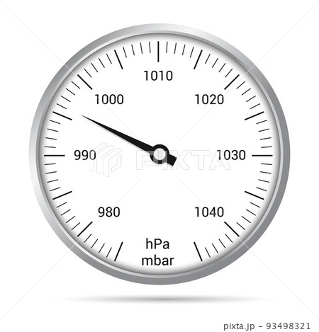 Realistic illustration of barometer dial with numbers, hand and metal border. Black mbar and hPa markings on a white background, vector Realistic illustration of barometer dial with numbers, hand and metal border. Black mbar and hPa markings on a white background, vector 93498321