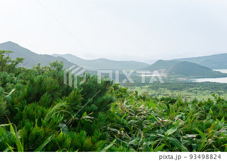 natural landscape of Kunashir island, view of the Golovnin volcano caldera with hot lake, focus on nearby plants natural landscape of Kunashir island, view of the Golovnin volcano caldera with hot lake, focus on nearby plants 93498824