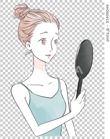 Skin care Illustration of a smiling woman holding a hand mirror (watercolor style) 93499049