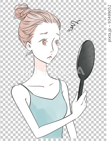 Skin care Illustration of a worried woman holding a hand mirror (watercolor style) 93499052