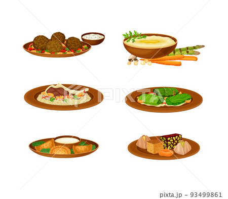Arabiccuisine traditional food dishes and desserts set cartoon vector illustration 93499861