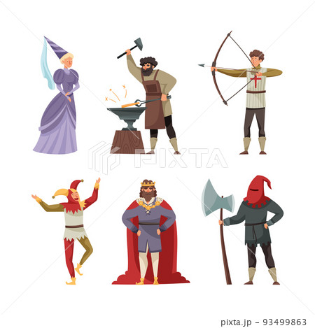 Medieval people set. Maid of honor, blacksmith, archer, jester, king, executioner cartoon vector illustration Medieval people set. Maid of honor, blacksmith, archer, jester, king, executioner cartoon vector illustration 93499863