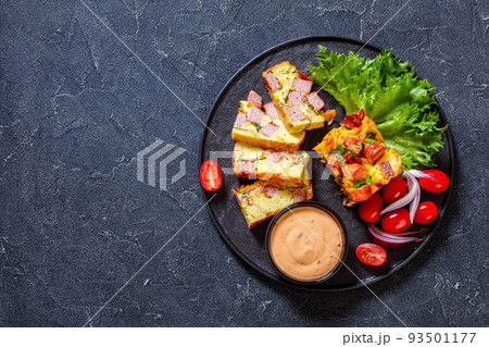 english muffin egg sausage casserole, top view 93501177