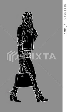woman in jeans walking, street fashion, sketch, white continuos line, black silhouette woman in jeans walking, street fashion, sketch, white continuos line, black silhouette 93501410
