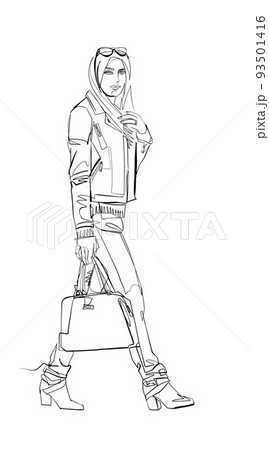 woman in jeans walking, street fashion, sketch, continuos line 93501416