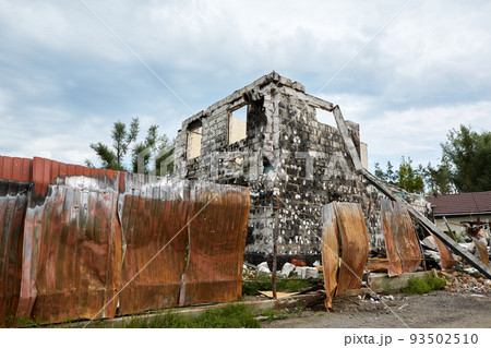 Moshchun, Ukraine - August 25, 2022: For more than a month there were battles between Ukrainian and russian occupant forces in the vicinity of the village of Moshun in the Kiev region. Moshchun, Ukraine - August 25, 2022: For more than a month there were battles between Ukrainian and russian occupant forces in the vicinity of the village of Moshun in the Kiev region. 93502510