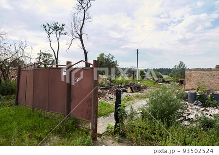 Moshchun, Ukraine - August 25, 2022: For more than a month there were battles between Ukrainian and russian occupant forces in the vicinity of the village of Moshun in the Kiev region. Moshchun, Ukraine - August 25, 2022: For more than a month there were battles between Ukrainian and russian occupant forces in the vicinity of the village of Moshun in the Kiev region. 93502524
