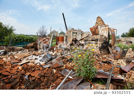 Moshchun, Ukraine - August 25, 2022: For more than a month there were battles between Ukrainian and russian occupant forces in the vicinity of the village of Moshun in the Kiev region. 93502555