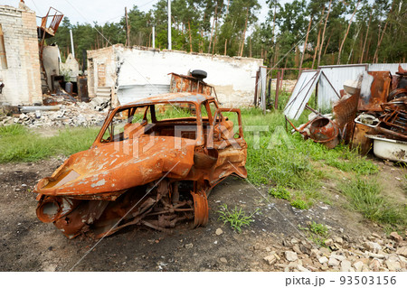 Moshchun, Ukraine - August 25, 2022: For more than a month there were battles between Ukrainian and russian occupant forces in the vicinity of the village of Moshun in the Kiev region. 93503156