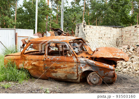 Moshchun, Ukraine - August 25, 2022: For more than a month there were battles between Ukrainian and russian occupant forces in the vicinity of the village of Moshun in the Kiev region. Moshchun, Ukraine - August 25, 2022: For more than a month there were battles between Ukrainian and russian occupant forces in the vicinity of the village of Moshun in the Kiev region. 93503160