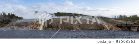 River and Hot spring Geyser with colorful water in American Landscape. River and Hot spring Geyser with colorful water in American Landscape. 93503563