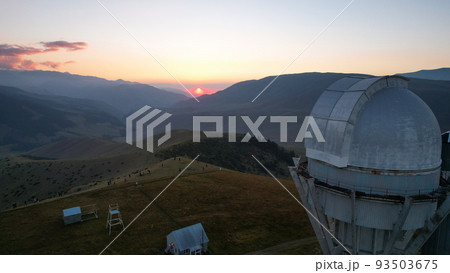 Two large telescope domes at sunset. Drone view Two large telescope domes at sunset. Drone view 93503675