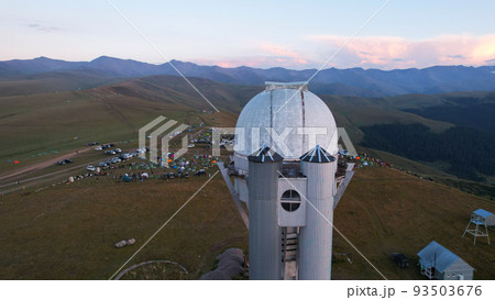 Two large telescope domes at sunset. Drone view 93503676