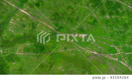 Aerial view of green pasture on a sunny day. Beautiful green area of agricultural land or grazing in the rainy season of northern Thailand. Aerial view of green pasture on a sunny day. Beautiful green area of agricultural land or grazing in the rainy season of northern Thailand. 93504264