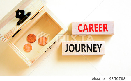 Career journey symbol. Concept words Career journey on wooden blocks on a beautiful white table white background. Wooden chest with coins. Business Career journey concept. Copy space. Career journey symbol. Concept words Career journey on wooden blocks on a beautiful white table white background. Wooden chest with coins. Business Career journey concept. Copy space. 93507884