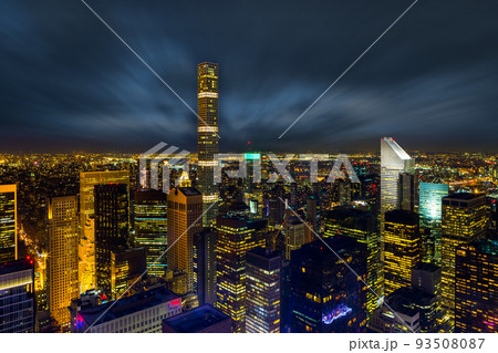Aerial view night panorama of New York City downtown with urban skyscrapers 93508087