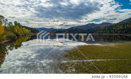 Aerial drone view of amazing autumn colors on the lake. Cerknisko lake, Slovenia 93509168