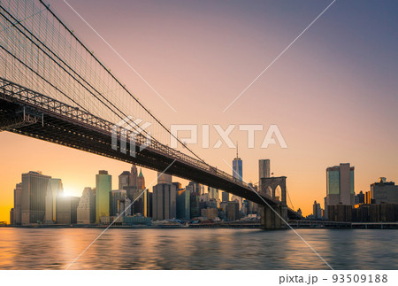 View of Brooklyn Bridge and Manhattan skyline WTC Freedom Tower from Dumbo, Brooklyn. Brooklyn Bridge is one of the oldest suspension bridges in the USA View of Brooklyn Bridge and Manhattan skyline WTC Freedom Tower from Dumbo, Brooklyn. Brooklyn Bridge is one of the oldest suspension bridges in the USA 93509188