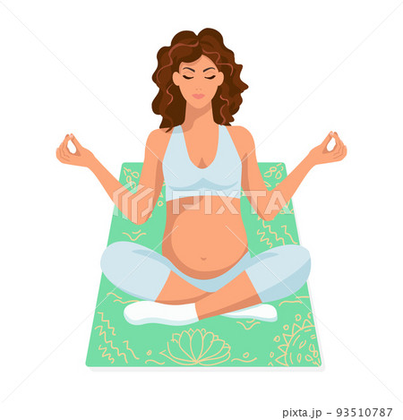 Pregnant woman is sitting in the lotus position. Vector illustration. Cartoon style. A cute girl is engaged in yoga, meditation. Healthy pregnancy. Happy motherhood. 93510787