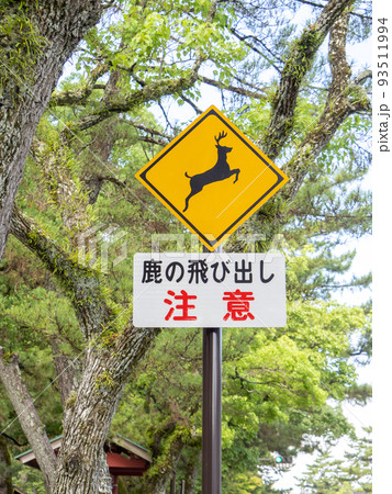 道路標識。本標識(警戒標識)「動物が飛び出すおそれあり」と、「鹿の飛び出し注意」と書かれた補助標識。 93511994
